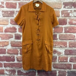 Anthropologie Maeve Dress Women's 8 Orange Brown Mango 100% Linen Lace Up Casual